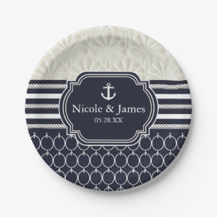 Assiettes En Carton Nautique Marine & White Elegant Beach Mariage