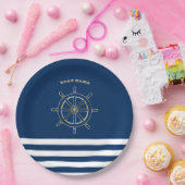 Assiettes En Carton Nautique, Roue de bateau en or, Bleu de marine (Fête)