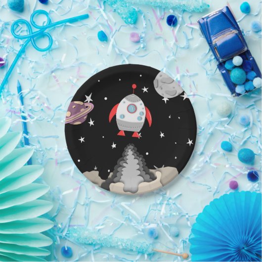 Assiettes En Carton Navire Espace Noir Décollant Planètes Lune (Fête)