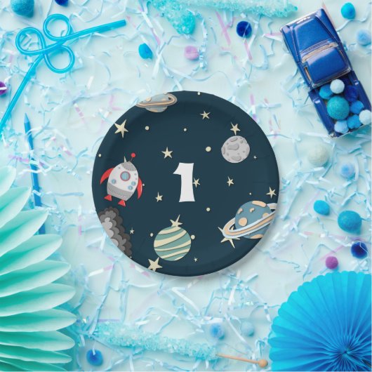 Assiettes En Carton Navire spatial et planètes Galaxie d'anniversaire (Fête)