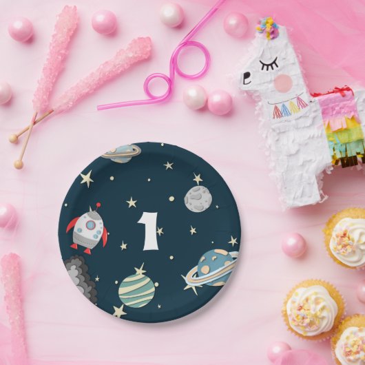 Assiettes En Carton Navire spatial et planètes Galaxie d'anniversaire (Fête)