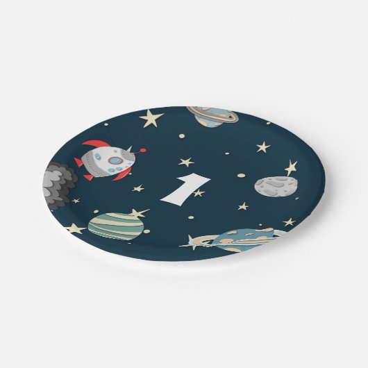 Assiettes En Carton Navire spatial et planètes Galaxie d'anniversaire (Angle)