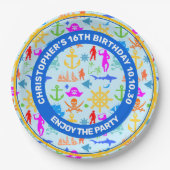 Assiettes En Carton Navires, Poissons, Pirates. Motif nautique coloré (Devant)