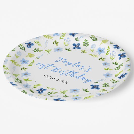 Assiettes En Carton Navy and Baby Blue Floral Birthday (Angle)