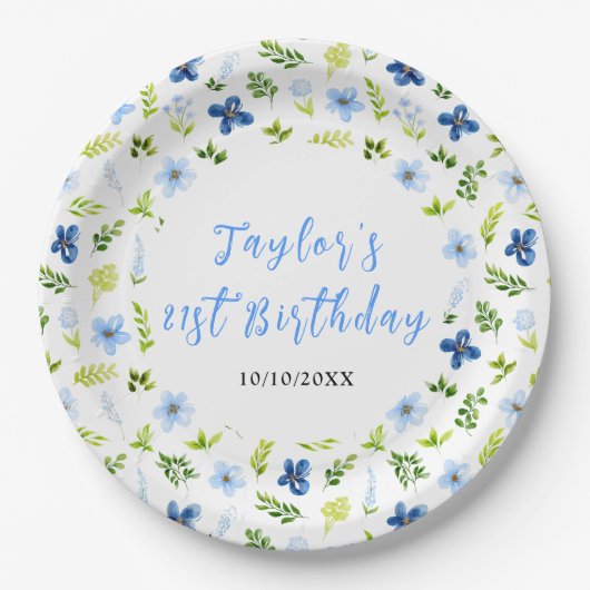 Assiettes En Carton Navy and Baby Blue Floral Birthday (Devant)