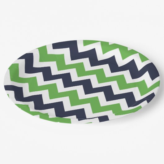 Assiettes En Carton Navy Blue and Green Chevron (Angle)