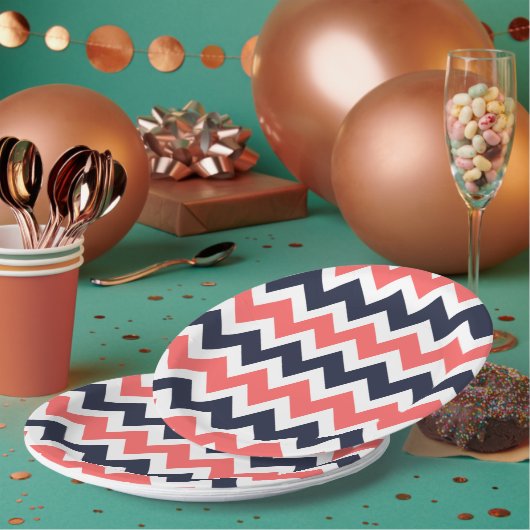 Assiettes En Carton Navy Blue et Coral Chevron (Multi)