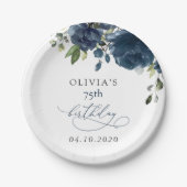 Assiettes En Carton Navy Blue Flowers, Greenery, Boho, Birthday (Devant)