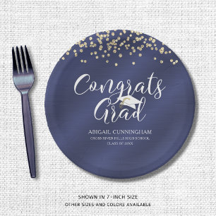 Assiettes En Carton Navy Blue  Metallic CONGRATS GRAD Confetti 