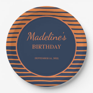 Assiettes En Carton Navy Blue Orange rayé fête d'anniversaire