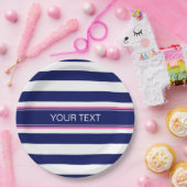 Assiettes En Carton Navy Blue Wht Horiz Stripe Hot Pink Nom Monogramme (Fête)