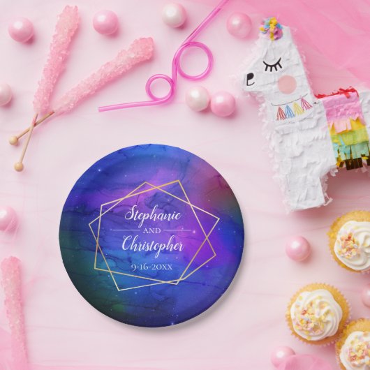 Assiettes En Carton Nebula violette Art Celestial Mariage d'or géométr (Fête)