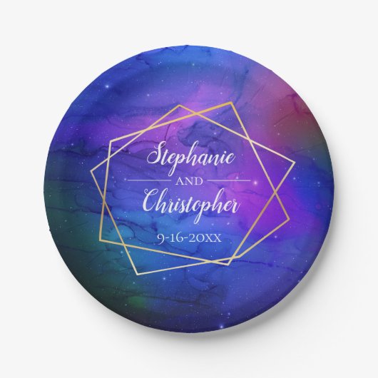 Assiettes En Carton Nebula violette Art Celestial Mariage d'or géométr (Devant)