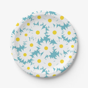 Assiettes En Carton Négative Space Daisies blanc jaune sur bleu