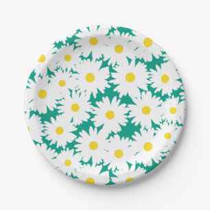 Assiettes En Carton Négative Space Daisies blanc jaune sur vert