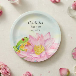 Assiettes En Carton Nénuphar rose et grenouille arboricole pour baptêm