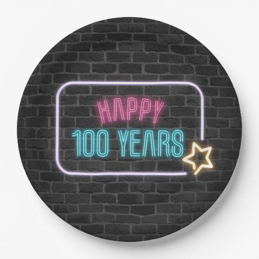Assiettes En Carton Neon 100th Birthday Marquee On Brick Paper Plate (Devant)