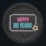Assiettes En Carton Neon 60th Birthday Marquee On Brick Paper Plate<br><div class="desc">Panneau de néon brillant sur un mur de briques grises grasses pour 60e anniversaire</div>