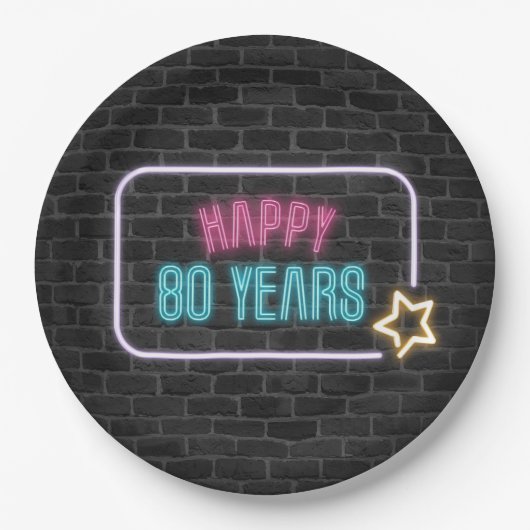 Assiettes En Carton Neon 80e Marque d'anniversaire sur mur de briques (Devant)