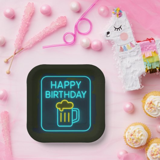 Assiettes En Carton Neon Birthday Bière Mug Sur Noir (Fête)