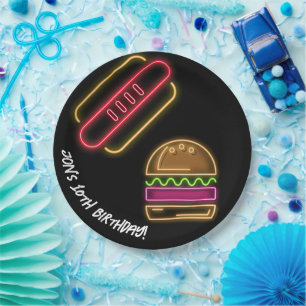Assiettes En Carton Neon Fast Food Monogramme Nom Vibrant