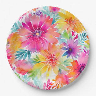 Assiettes En Carton Neon Floral Watercolor Party