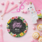Assiettes En Carton Neon Forêt Tropicale Été Hawaii Joyeux Anniversair (Fête)