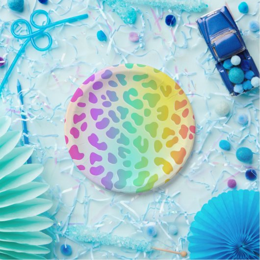 Assiettes En Carton Neon Glow in Dark, Rainbow Cheetah print (Fête)