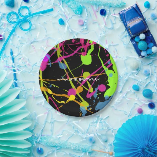 Assiettes En Carton Neon Glow Paint Splatter fête d'anniversaire (Fête)