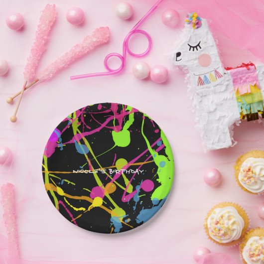 Assiettes En Carton Neon Glow Paint Splatter fête d'anniversaire (Fête)