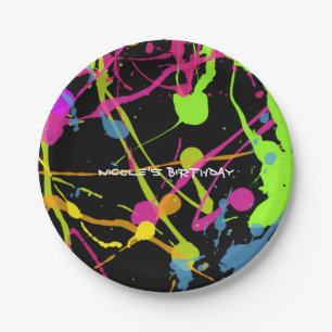 Assiettes En Carton Neon Glow Paint Splatter fête d'anniversaire