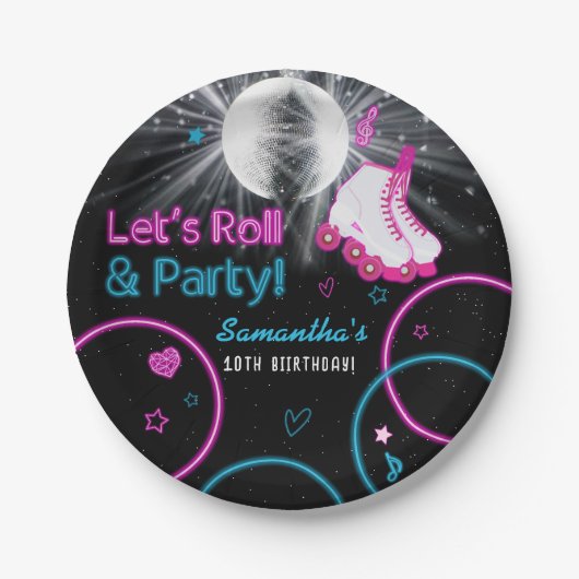 Assiettes En Carton Neon Glow Roller Skating Roll Anniversaire Fête (Devant)