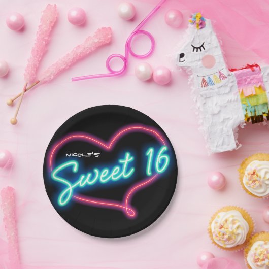Assiettes En Carton Neon Glow SWEET 16 Coeur fête d'anniversaire (Fête)