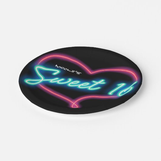 Assiettes En Carton Neon Glow SWEET 16 Coeur fête d'anniversaire (Angle)