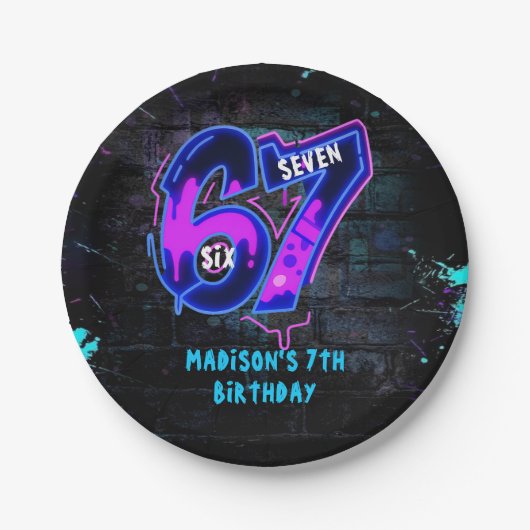 Assiettes En Carton Neon Graffiti Six Seven 7th Birthday Paper Plate (Devant)
