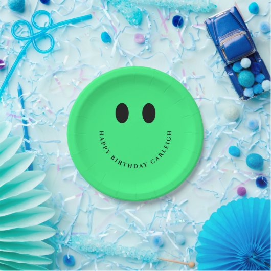 Assiettes En Carton Neon Green Happy Face Custom  (Fête)