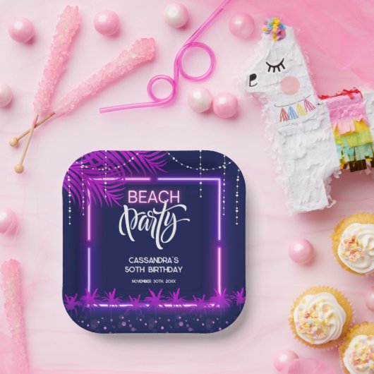 Assiettes En Carton Neon Lights Palm Beach Night Party Anniversaire (Fête)