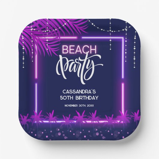 Assiettes En Carton Neon Lights Palm Beach Night Party Anniversaire (Recto)