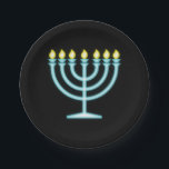 Assiettes En Carton Neon Menorah<br><div class="desc">Menorah bleu en style néon signe.</div>