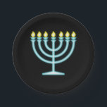 Assiettes En Carton Neon Menorah<br><div class="desc">Menorah bleu en style néon signe.</div>