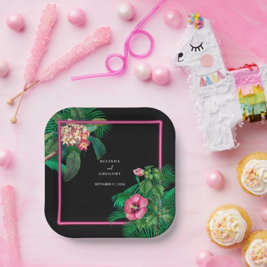 Assiettes En Carton Neon Pink Tropical Retro Botanical Mariage (Fête)