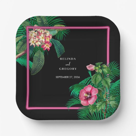 Assiettes En Carton Neon Pink Tropical Retro Botanical Mariage (Recto)