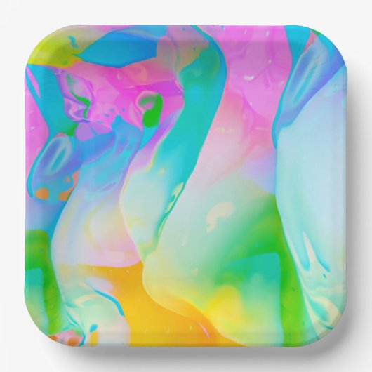 Assiettes En Carton Neon Rainbow Fluid Abstrait (Recto)