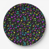 Assiettes En Carton Neon Rainbow Notes musicales sur Black (Devant)