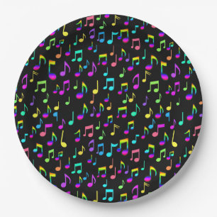 Assiettes En Carton Neon Rainbow Notes musicales sur Black