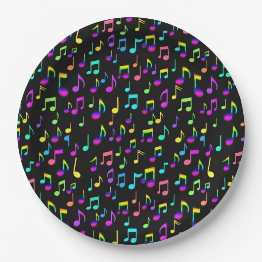 Assiettes En Carton Neon Rainbow Notes musicales sur Black (Devant)