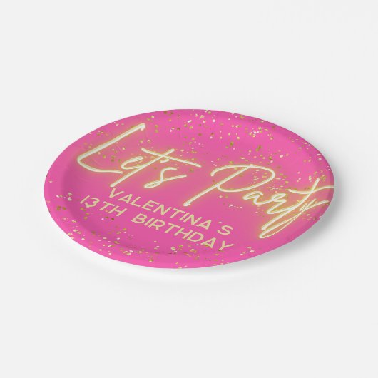 Assiettes En Carton Neon rose chaud moderne brillant Faisons la fête A (Angle)