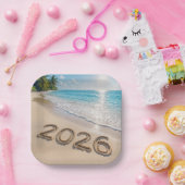 Assiettes En Carton New Year 2026 Text On a Tropical Beach (Fête)