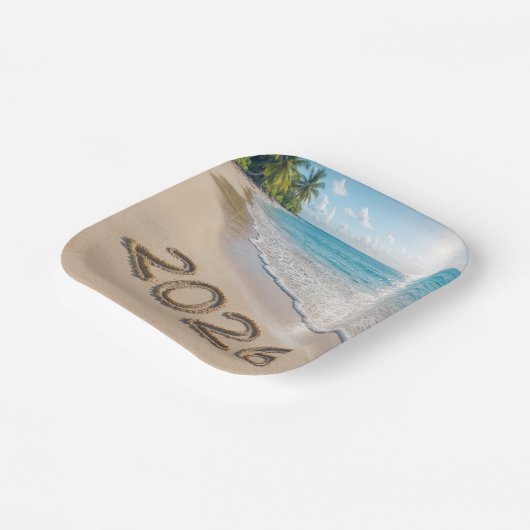 Assiettes En Carton New Year 2026 Text On a Tropical Beach (Angulaire)