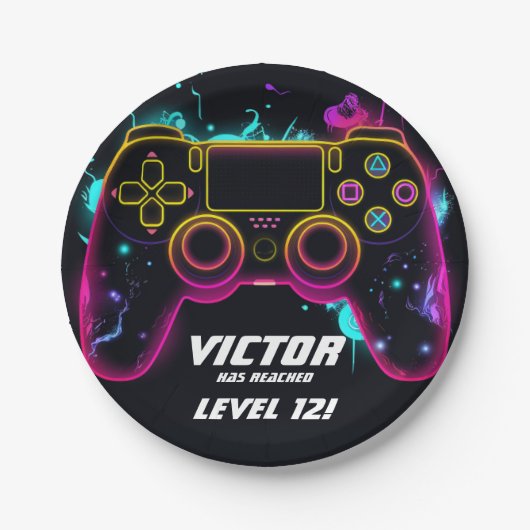 Assiettes En Carton Niveau de jeu vidéo sur Gamer Neon Anniversaire (Devant)